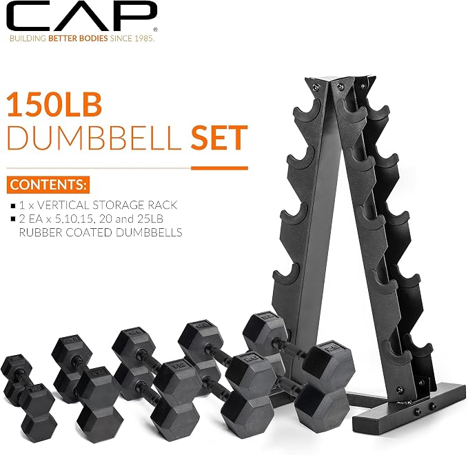 CAP Rubber Coated Hex Dumbbell Set with Storage Rack | 100–210 lb Options, Space-Saving Vertical Compact Storage for Home Gym Strength Training
