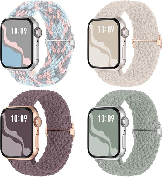 4 Pack Braided Stretchy Bands Compatible with Apple Watch 40mm 41mm 38mm 42mm 44mm 45mm 46mm 49mm Women Men, Breathable Nylon Elastic Daily Use Straps for iWatch Series 11/10 9 8 7 6 5 4 3 SE/Ultra 2