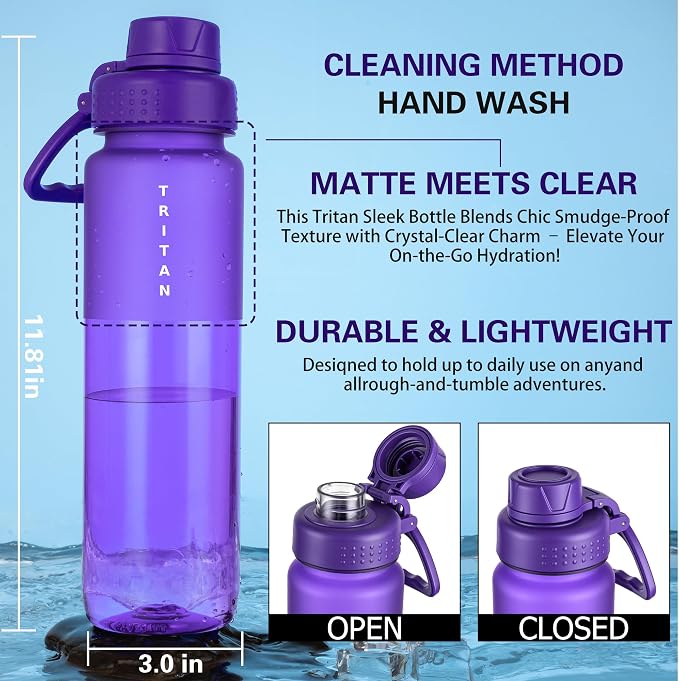 OLDLEY 32 oz Water Bottle with Handle, BPA-Free Tritan Reusable Sports Water Bottle with Leak-Proof Dust Lid, Wide Mouth, Cup Holder Friendly, Half Frosted Clear Bottle for Gym, Travel, Work,Purple