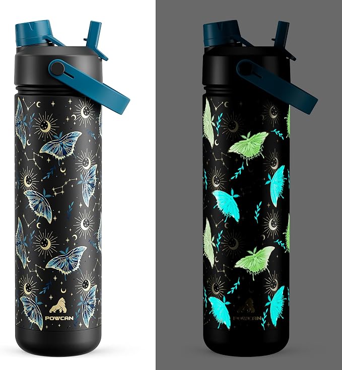 POWCAN 26 oz Insulated Water Bottle: Straw and Spout Lid, Glow-in-the-Dark | Leak-proof, Keep Cold 24H, Cupholder Friendly, BPA-Free, Stainless Steel Water Bottle for Gift, Hiking, Trip (Gilded Flutter)
