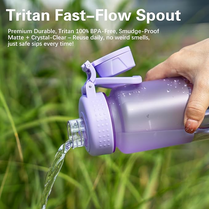 OLDLEY 32oz Frosted Clear Water Bottle, BPA-Free Tritan Plastic Reusable Water Bottle with Fast-Flow Spout Lid, Wide Mouth Leakproof Sports Drinking Bottle for Gym, School, Office, Travel,Amethyst
