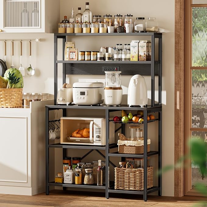 SUPERJARE Bakers Rack with Power Outlet, 35.4 Inches Coffee Bar with Basket | Kitchen Microwave Stand with 11 S-Shaped Hooks, Open Storage Shelves, Black