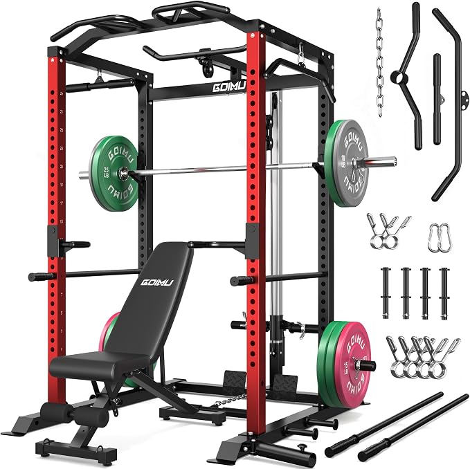 C1-V4 Power Cage, 2000LBS Squat Rack with LAT Pulldown, Multi-Function Weight Cage Strength Training Machine, Workout Cage with More Attachments for Home Gym Garage