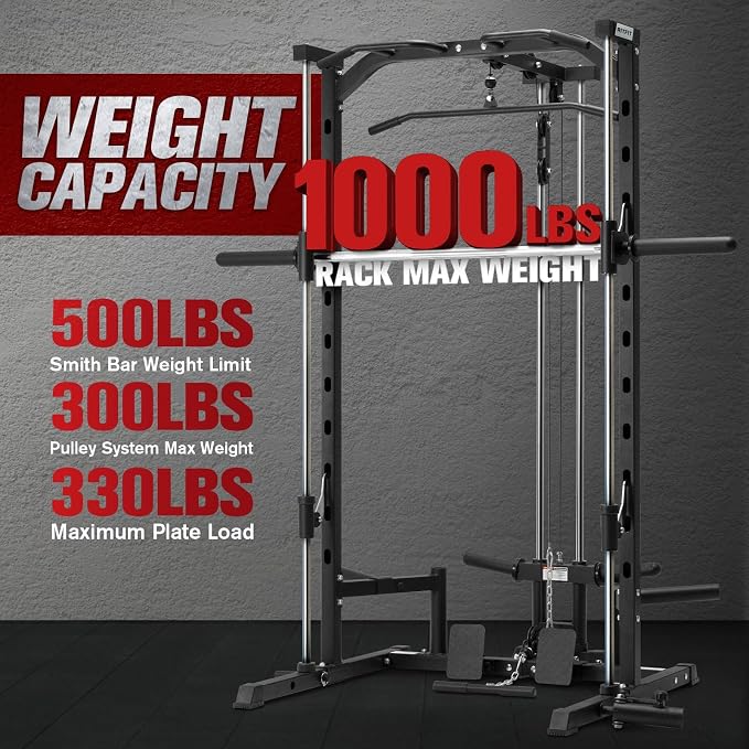 RitFit Smith Machine Power Rack with LAT-Pull Down System | Half Smith Machine with Landmine, Barbell Bar, Plate Storage Pegs and More Training Attachment