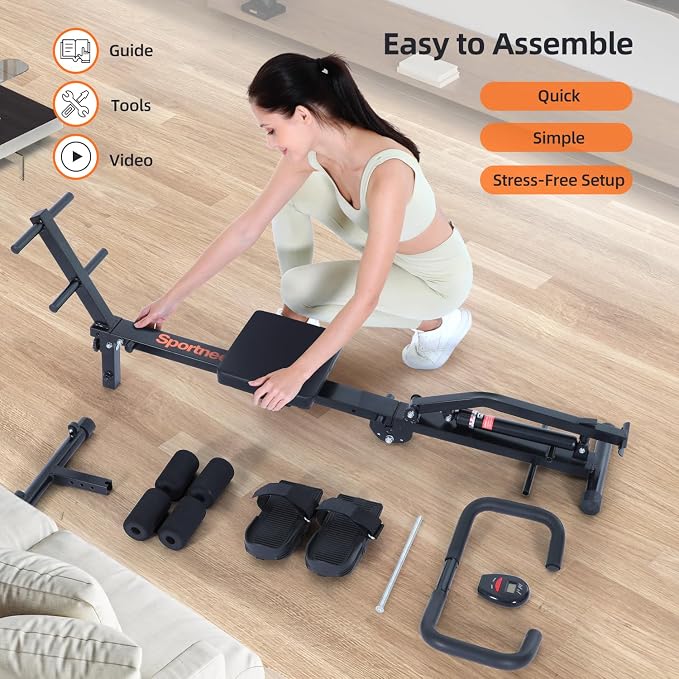 Sportneer Foldable Hydraulic Rowing Machine, 12-Level Home Gym Rower, Black | Multi Functional Row Machine with Transport Casters, Backrest, and 297lbs Max Weight Load