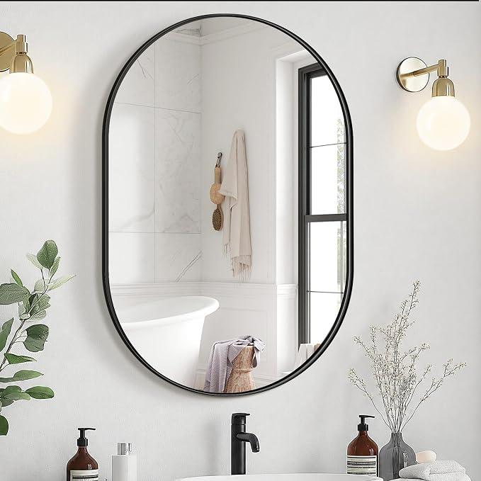 Oval Bathroom Vanity Mirror for Wall, 28''x20'' Black Oval Bathroom Mirror for Over Sink, Bedroom, Living Room, Entryway, HD Tempered Glass, Wall Mounted Horizontally or Vertically