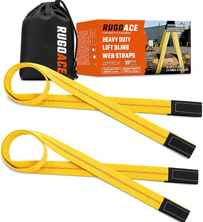 2-Pack 2" x6.5ft Lift Sling Web Straps Heavy Duty Polyester | 13,000lbs capacity. Feature abrasion resistant wear guard ends. Ideal for lifting furniture, appliances & heavy loads.