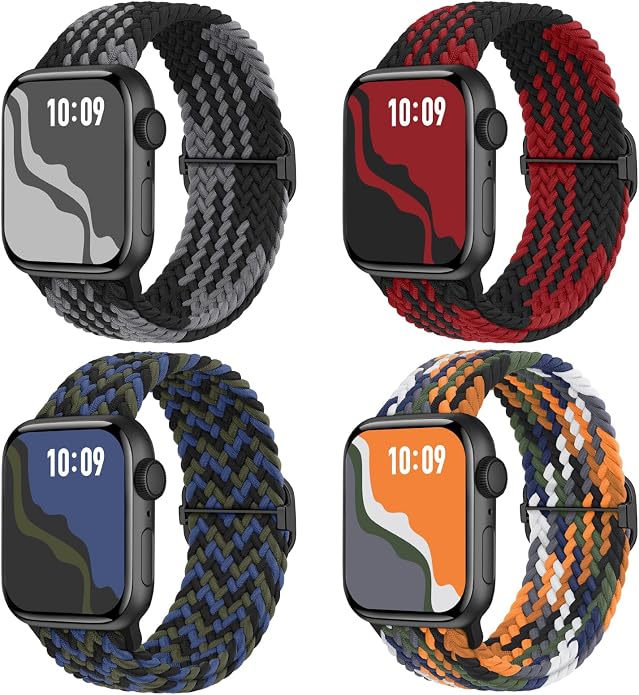 4 Pack Braided Stretchy Bands Compatible with Apple Watch 40mm 41mm 38mm 42mm 44mm 45mm 46mm 49mm Women Men, Breathable Nylon Elastic Daily Use Straps for iWatch Series 11/10 9 8 7 6 5 4 3 SE/Ultra 2