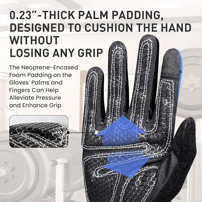 FINGER TEN Workout Gloves Full Finger with Padding 1 Pair | Shock Absorbing Palm Support, Non-Slip Extra Grip Control, Breathable Flexible Fit, for Exercise Weight Lifting Fitness