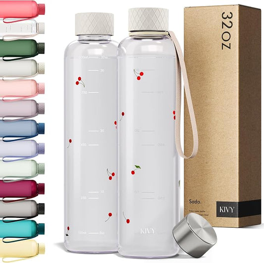 KIVY Clear water bottle 32oz [Lightweight & Shatterproof] Fits Backpack & Cupholder for Travel, Sports, School, Gym - Cute water bottle aesthetic - Cherry Edition