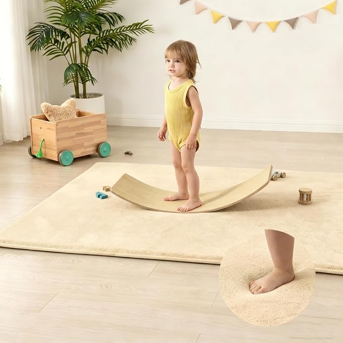 Baby Play Mat for Floor,1.3" Thick Elasti-Foam 74"×50" Playpen Mat, Non-Toxic Certified Water-Repellent Coral Velvet, Non-Slip Safe Crawling Mat for Tummy Time, Toddler & Infant(Vanilla)