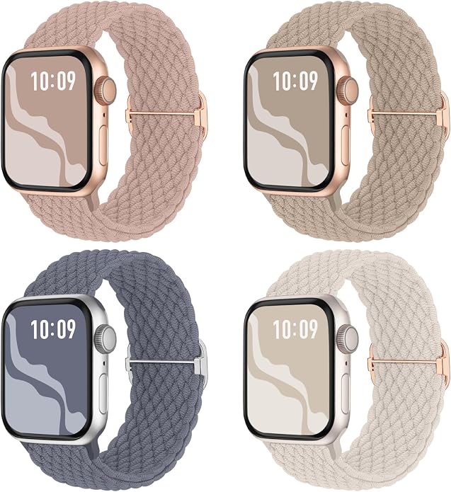 4 Pack Braided Stretchy Bands Compatible with Apple Watch 40mm 41mm 38mm 42mm 44mm 45mm 46mm 49mm Women Men, Breathable Nylon Elastic Daily Use Straps for iWatch Series 11/10 9 8 7 6 5 4 3 SE/Ultra 2