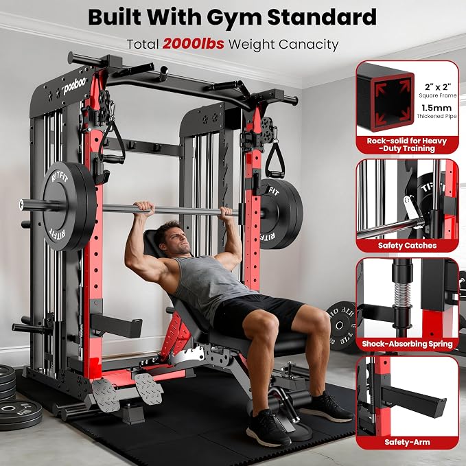 pooboo Multi-Functional Machine Power Cage, 2000LB Squat Rack, LAT-Pull Down System, Dual Pulley Cable Crossover System, Home Gym Workout Machine with Strength Training Attachments