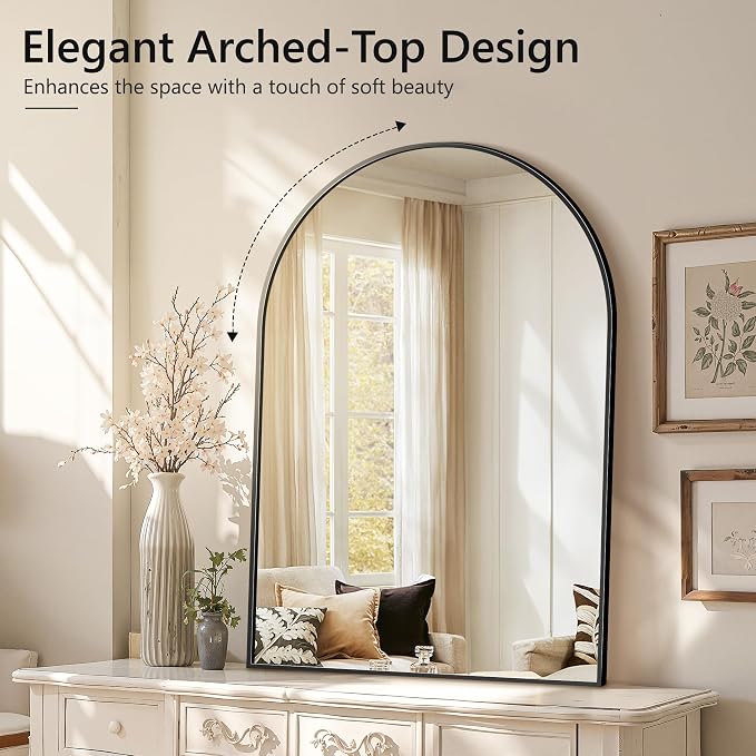 Arched Bathroom Mirror for Wall, 55" x 30" Metal Frame Vanity Mirror, Black | Aluminium Alloy Frame, HD Shatterproof Glass, Hanging or Leaning, for Bathroom Over Sink , Entryway, Bedroom, Living Room