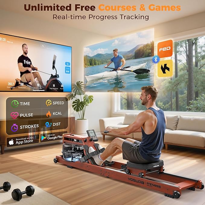 YOSUDA Water Rowing Machines for Home Use - Wooden Foldable Immersive Water Rower Machine 400LBS Weight Capacity with Dedicated Monitor & Bluetooth APP, Large Tank, Comfortable Seat