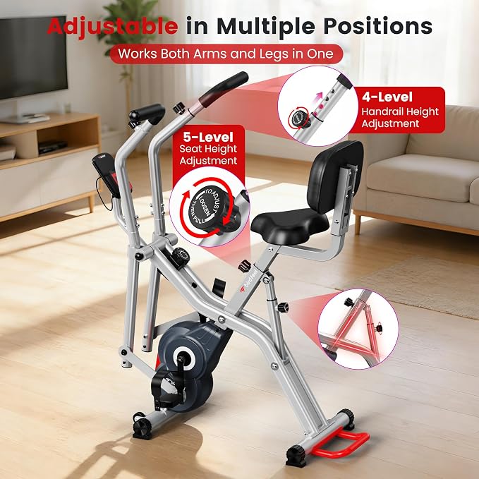 Foldable Exercise Bike, 8-Level Magnetic Stationary Bike for Home Gym | Quiet Indoor Workout Bike with Arm Resistance Bands, LCD Monitor, and 300 LBS Capacity for Full-Body Cardio Training