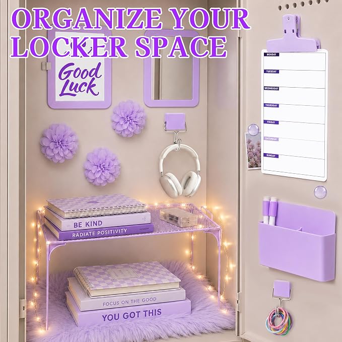 17 PCS Locker Accessories for Girls Locker Decoration Kit with Shelf Magnetic Mirror Whiteboard Pen Holder Rug Wallpaper Lights Lockers Organizer Set for School Dorm Gym Office (Purple)