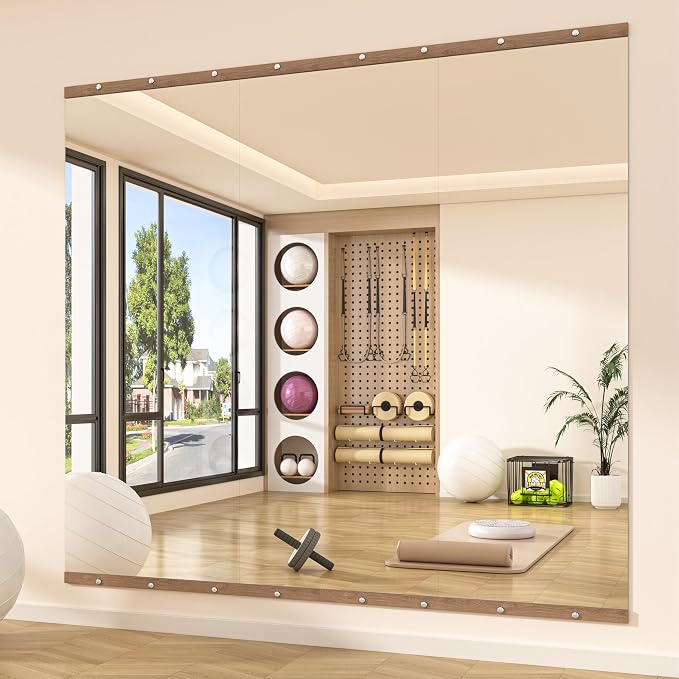 Hasipu 3Pcs 55''x20'' Home Gym Mirror Large Full Length Wall Mounted Full Body Mirror for Yoga Dance Fitness Exercise Studio Bedroom Garage, Frameless Tempered Glass Workout Mirrors Walnut Rectangular