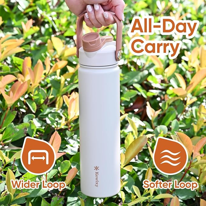 24 oz Insulated Water Bottle, 2-in-1 Lid, Straw & Spout with Protected, Leak Proof, Keep Cold 24H, Cup Holder Fit, Stainless Steel, Metal, Reusable, for Travel, Gym and School, 2 Lids, Mousse