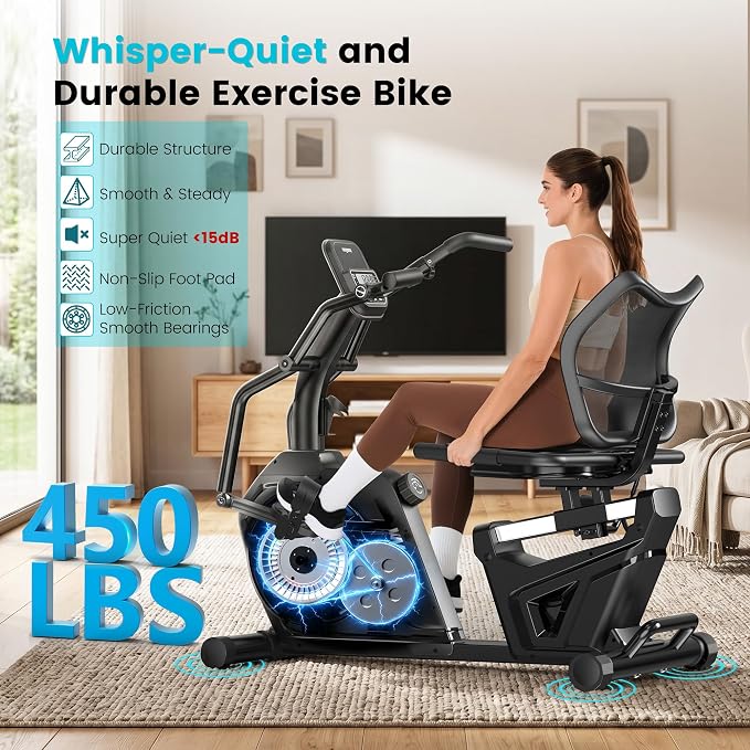 Recumbent Exercise Bikes for Home,Stationary Bike with Arm Exerciser | Smart Bluetooth App, 450LBS Capacity, 16 Level Magnetic Resistance, LCD Monitor, Home Rehab for Seniors Adults