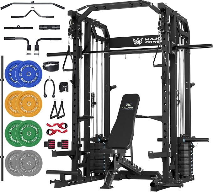 Major Fitness Drone2 Advanced Training Smith Machines– All-in-One Home Gym Squat Rack with Aluminum Pulley Set , Weight Bar, Dual LAT Pull-Down Systems & Cable Crossover Machine for Full-Body Workouts