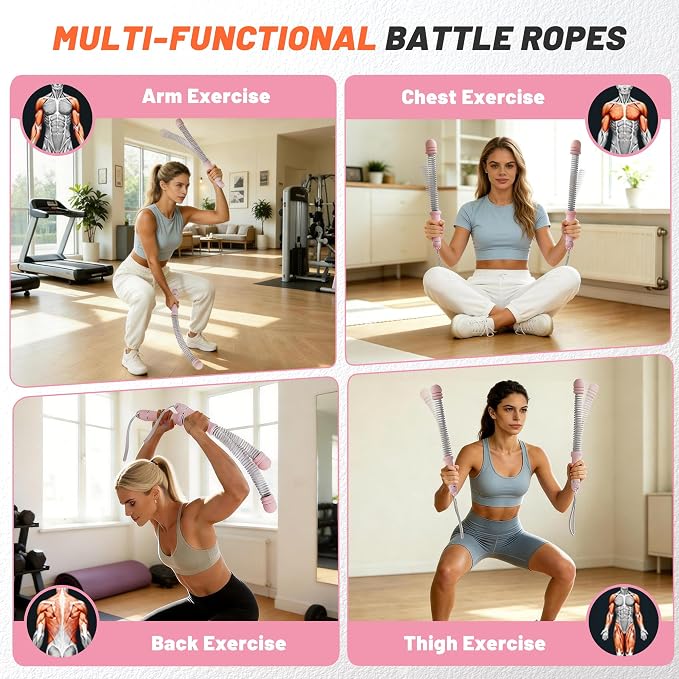Adjustable Ropeless Battle Ropes for Home Gym,Cordless Battle Ropes with Storage Bag,Portable Workout Ropes for Strength & HIIT,Aerobic Training for Men & Women(Adjustable-Pink(2pack))