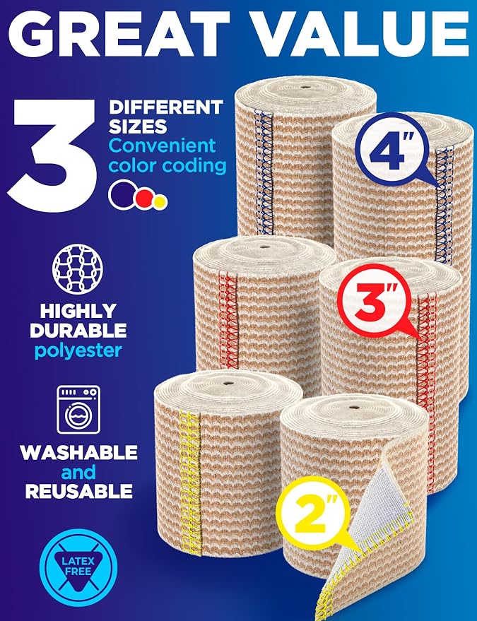 Premium Elastic Bandage Wrap - 6pack (2x2in, 2x3in, 2x4in) - Self-Closing | Strong Compression Bandage Wrap for Leg, Ankles, Wrists, and Knees - For First Aid Kit and After Surgery Recovery