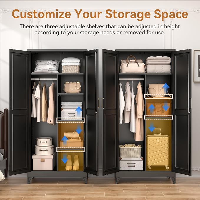 Polup 71" Tall Metal Armoire Wardrobe Closet with Lock | Heavy Duty Steel Clothing Storage Cabinet with Hanging Rod, 3 Adjustable Shelves & 2 Doors for Bedroom, Office, Broom, Black