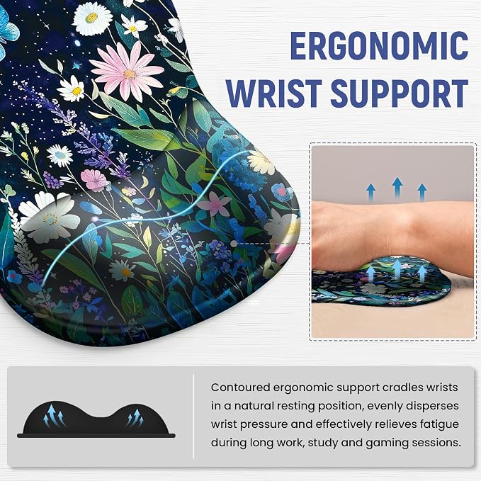Ergonomic Mouse Pad with Wrist Rest, Gel Wrist Support, Celestial | 10.2 x 7.6 in Mouse Pad with Smooth Fabric Surface and Non-Slip Rubber Base for Office, Home, Study, and Gaming