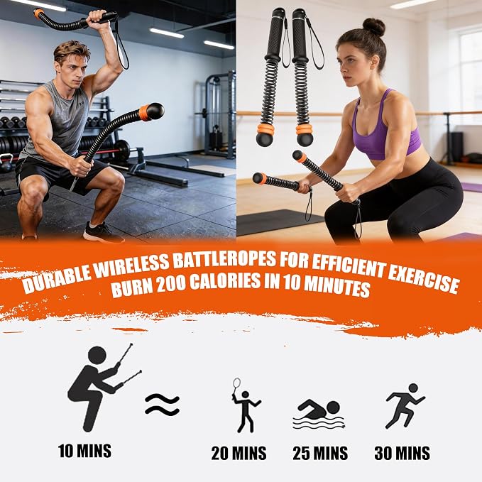 2PC Ropeless Battle Ropes,Portable Cordless Weighted Battle Ropes with Storage Bag, Heavy Duty Cordless Battle Rope for Home Gym HIIT&Cardio Full-Body Workout Tool with Non-Slip Spiral Handles Purple