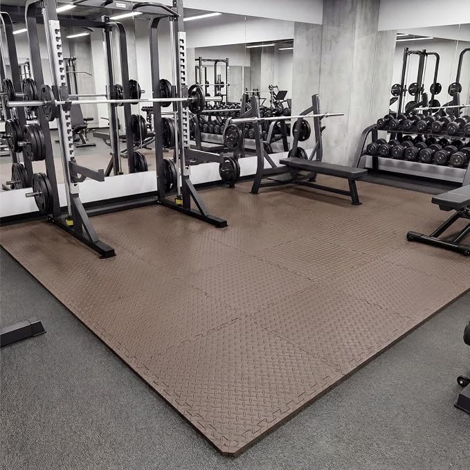 Tangkula 36 Tiles Exercise Flooring Mats with Border, Non-Slip EVA Foam Protective Mats, Elastic Puzzle Play Mats, 1/2" Interlocking Floor Mats for Home Gym, Fitness Room (Brown)