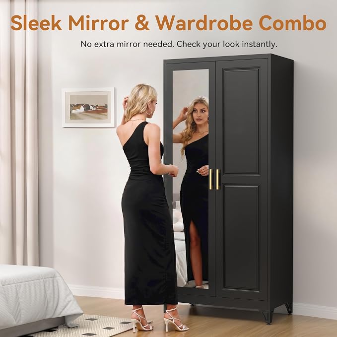 Polup Metal Armoire Wardrobe Closet with Mirror, 71" Tall Black Cabinet | Heavy Duty Steel Clothing Storage Cabinet with Hanging Rod & Adjustable Shelves for Bedroom, Office, Clothes Organizer