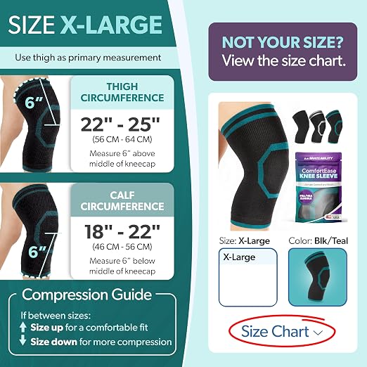 BraceAbility Knee Compression Sleeve for Women and Men - ComfortEase Knee Pain Brace Support for Arthritis, Swelling, Joint Stiffness, Recovery, All-Day Comfort and Relief (XL - Black/Teal)