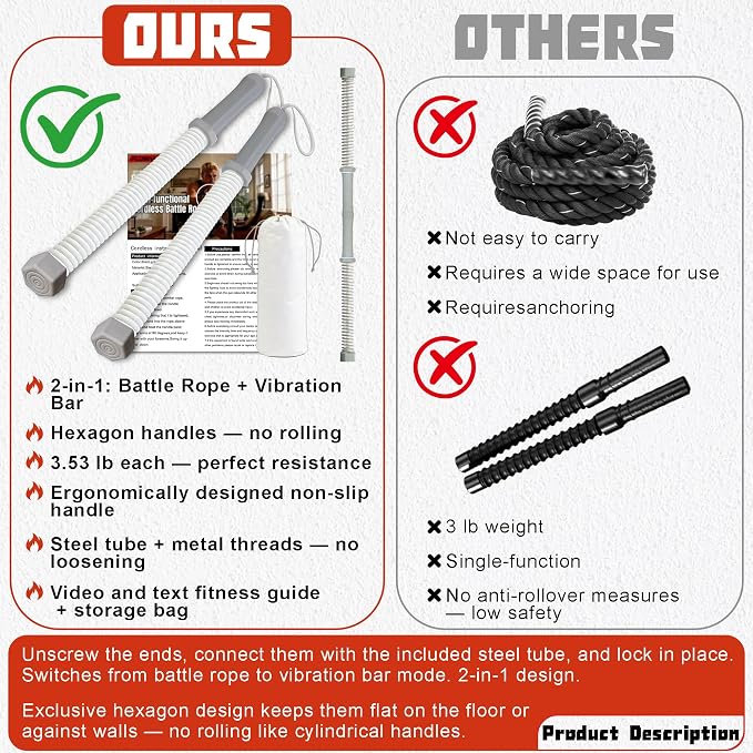 2-in-1 Ropeless Battle Rope & Vibration Bar, Portable Cordless Fitness Ropes for Home Gym, Strength Building, HIIT Training & Low-Impact Aerobic Training for Men and Women