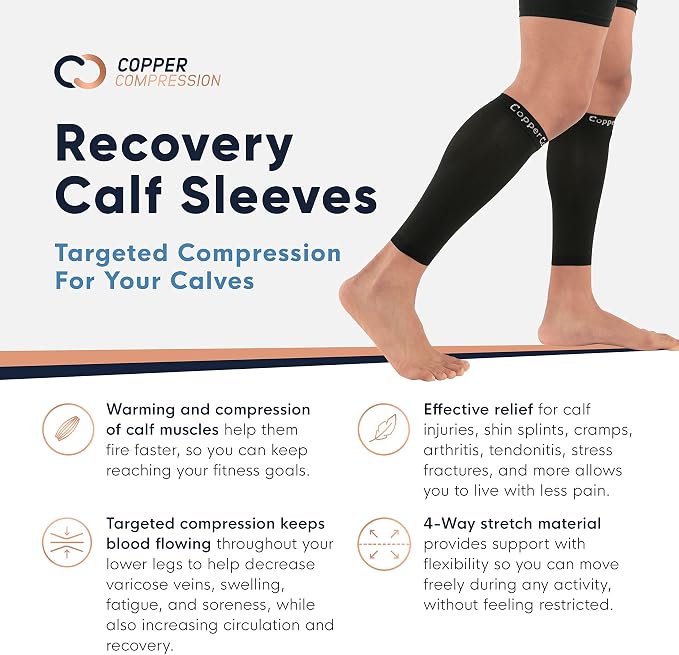 Copper Compression Calf Sleeves for Shin Splints, Varicose Veins, Arthritis, Sprains, Running, Cycling - Men & Women - 1 Pair