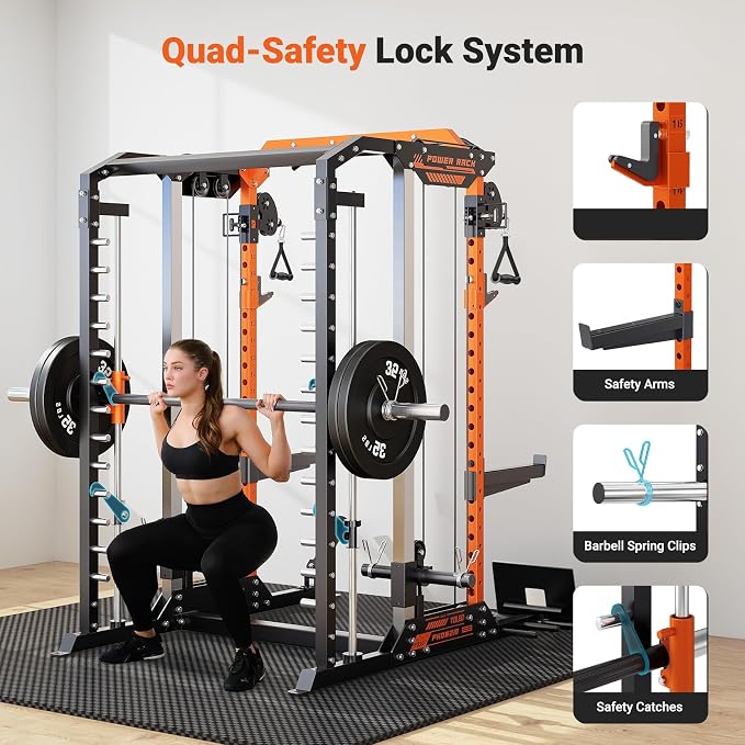 YOLEO Smith Machine & Squat Rack Combo, Multi-Functional Power Racks with Adjustable Width & Pull-Up Bar, Cable Crossover Power Cage, Independent Dual-Pulley System for Home Gym Garage Basement