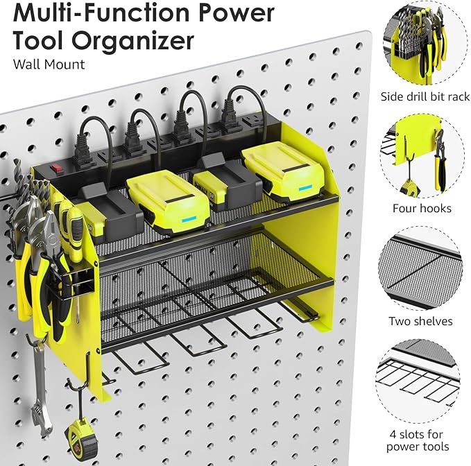 CCCEI Wall Mount Modular Tool Charging Organizer, Green, 2 Pack, 3 Tier. | Drill Battery Storage Rack with Hooks, Garage Workshop, Gifts for Men, Dad, Husband Anniversary, Birthday, Christmas