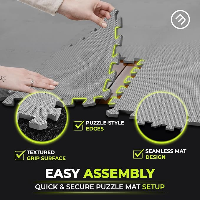 bemaxx Gym Mats Set - 18 pcs EVA Interlocking Foam Floor Tiles (12.6"x12.6"x0.4") 18sqft Protective Gym Flooring Sports Home Workout Exercise Mats Puzzle Garage Fitness Play-Room Pool Treadmill Bike