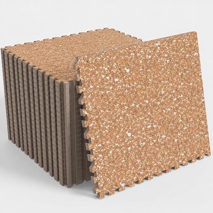 96 Sq Ft Rubber Top Gym Flooring for Home Gym, Wood Grain | 24 Tiles, High Density EVA Foam, Waterproof & Non-Slip Rubber, 0.4" Interlocking Puzzle Mats, Floor Protection, 24"x24"