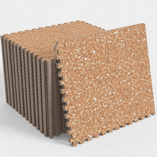 96 Sq Ft Rubber Top Gym Flooring for Home Gym, Wood Grain | 24 Tiles, High Density EVA Foam, Waterproof & Non-Slip Rubber, 0.4" Interlocking Puzzle Mats, Floor Protection, 24"x24"