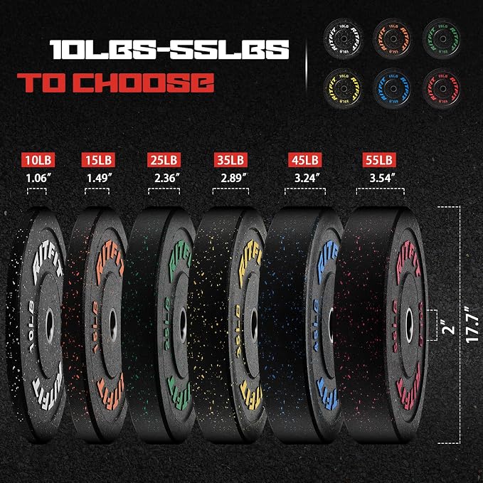 RitFit Bumper Plates, Colored Fleck-Rubber Weight Plates with Steel Insert, 2-inch Olympic Weight Plates for Weight Lifting and Strength Training