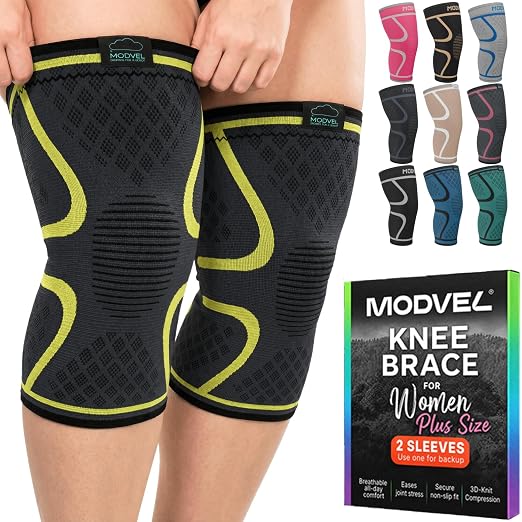 Modvel 2 Pack Knee Brace for Women - Knee Support for Walking, Knee Compression Sleeves for Pain Relief, Knee Sleeves for Women, Knee Brace for Sports, Workouts & Arthritis