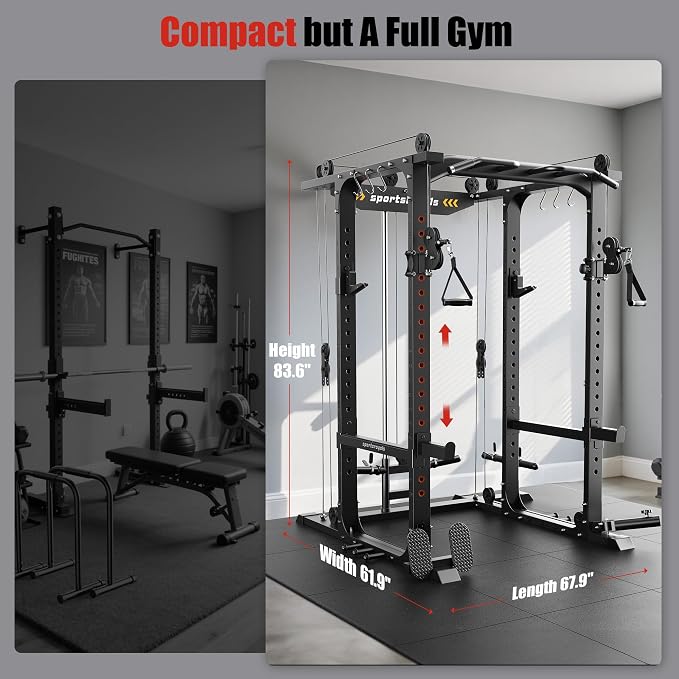 Sportsroyals Power Cage, 1600LBS Squat Rack with Cable Crossover System | Power Rack with LAT Pull Down System, Workout Cage with Pulley System for Fitness Home Gym Strength Training