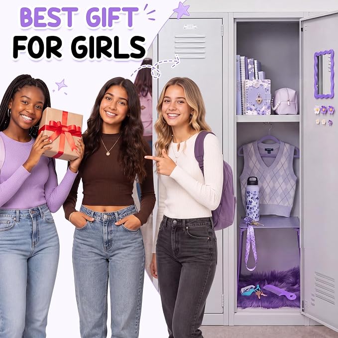 RattanView 10 Pcs Locker accessories Kit Magnetic Acrylic Mirror Plush Rug Small Comb 6 Flower Magnet Locker Organizer for Back to School Teen Student Girl Office Work Lockers Decoration Gift(Purple)