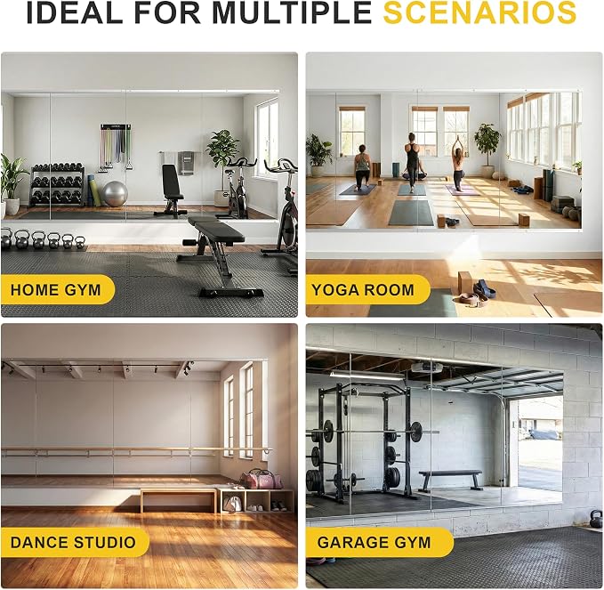 Home Gym Mirrors for Wall, 48”x24”x3 PCS Large Workout Mirrors for Home Gym | Tempered Glass, HD Reflection, Full Length Frameless body mirror for Home Gym, Garage, Yoga, Dance, Bedroom(Silver)