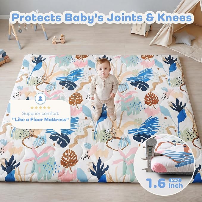 1.6" Thick Baby Play Mat, 71x59 Removable & Machine Washable Cover | Padded Memory Foam, Non-Slip Backing, 100% Baby-Safe Materials, Tummy Time Crawling, Outdoor, Bedroom, Living Room, Nursery