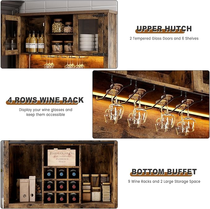 GarveeHome 72" Farmhouse Coffee Bar Cabinet with LED Lights & Power Outlets | Tall Kitchen Buffet Hutch with 3 Drawers & Wine Glass Rack, Sliding Barn Door, Ample Storage for Home Bar, Brown