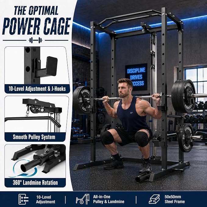 5-in-1 Power Rack Heavy Duty Home Gym | 5 Configs: Only, +Pulley, +Bench, +150LB, +240LB. 1200LB, 50x50mm, 83"H. J-Hooks, Safety Bars, Landmine. Olympic 2" Plates.