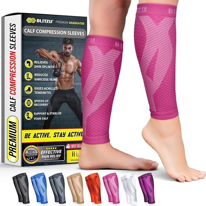 BLITZU Calf Compression Sleeves, Footless Compression Socks for Men & Women | Leg Support Brace, Shin Splint Pain Relief, Reduce Varicose Vein Swelling, Muscle Recovery, Running, Nursing, Fitness, Travel