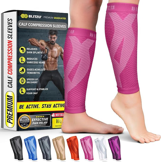BLITZU Calf Compression Sleeves, Footless Compression Socks for Men & Women | Leg Support Brace, Shin Splint Pain Relief, Reduce Varicose Vein Swelling, Muscle Recovery, Running, Nursing, Fitness, Travel